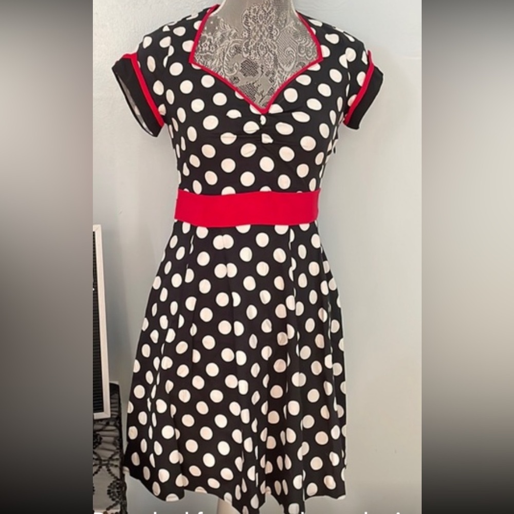 Sourpuss Black and White Polka Dot Mini Dress with Red Accents